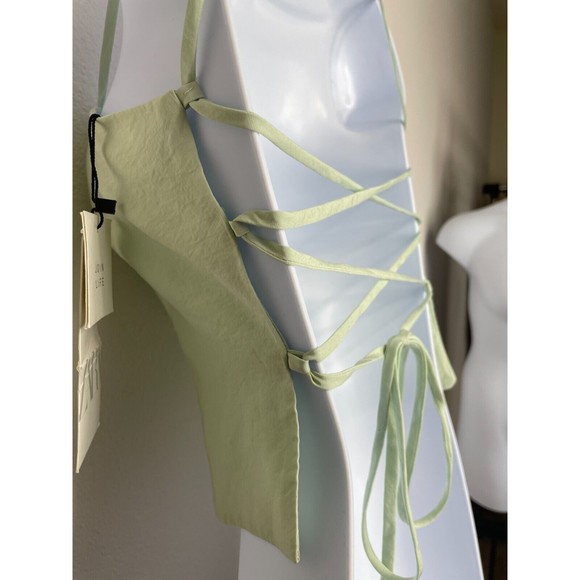Zara XS Flowy Crop Top Mint Green Strappy Lace Up Back Square Neck New - Picture 12 of 16